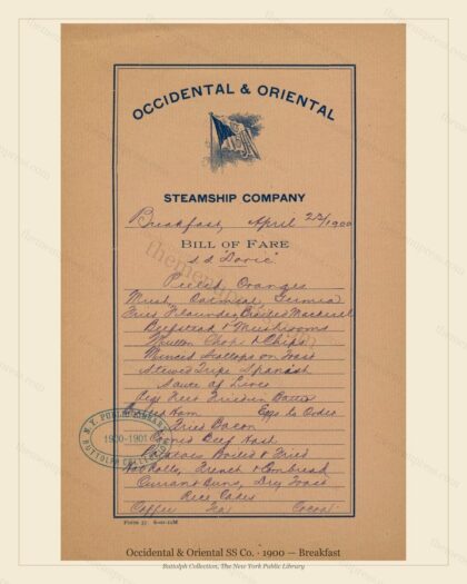 Vintage menu preview — 1900 Vintage Breakfast Menu — Occidental & Oriental SS Co., Transatlantic Oc