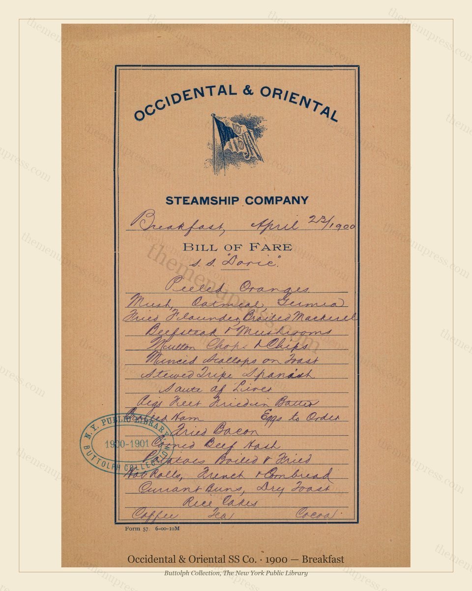 Vintage menu preview — 1900 Vintage Breakfast Menu — Occidental & Oriental SS Co., Transatlantic Oc