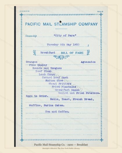 Vintage menu preview — 1900 Vintage Breakfast Menu — Pacific Mail Steamship Co., Transatlantic Ocean Li