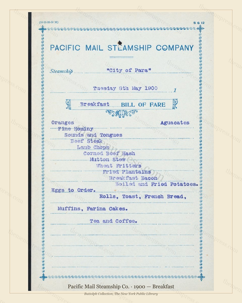 Vintage menu preview — 1900 Vintage Breakfast Menu — Pacific Mail Steamship Co., Transatlantic Ocean Li