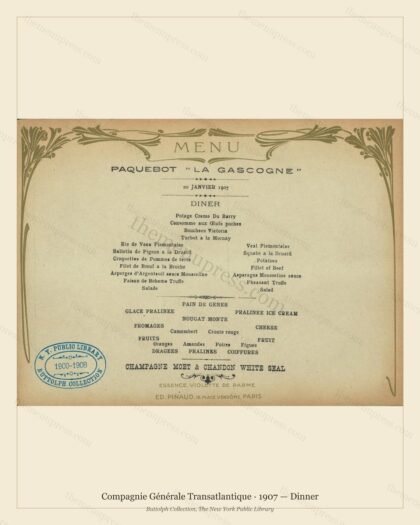 Vintage menu preview — 1907 Vintage Dinner Menu — Compagnie Générale Transatlantique, Transatlantic Oce
