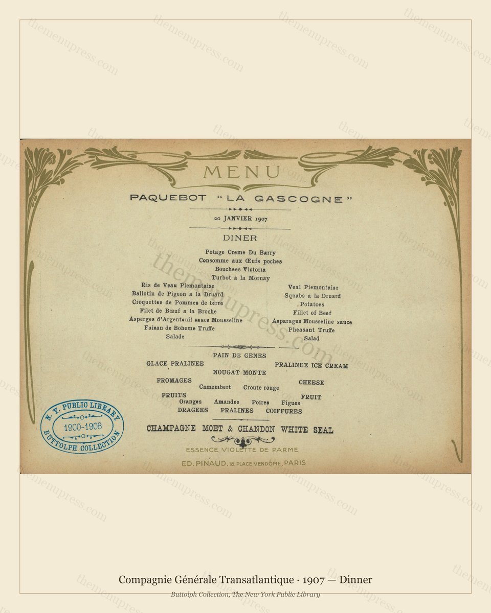 Vintage menu preview — 1907 Vintage Dinner Menu — Compagnie Générale Transatlantique, Transatlantic Oce