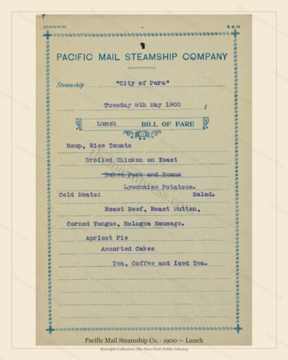 Vintage menu preview — 1900 Vintage Lunch Menu — Pacific Mail Steamship Co., Transatlantic Ocean Liner