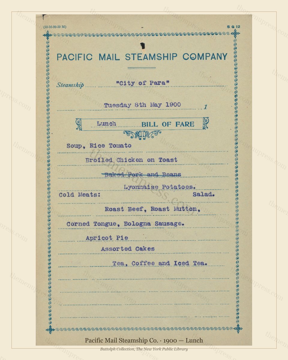 Vintage menu preview — 1900 Vintage Lunch Menu — Pacific Mail Steamship Co., Transatlantic Ocean Liner