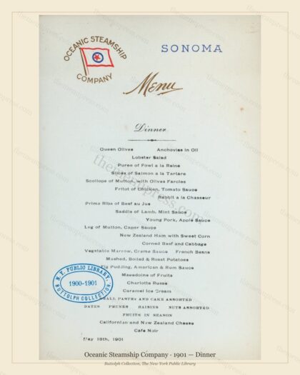 Vintage menu preview — 1901 Vintage Dinner Menu — Oceanic Steamship Company, Transatlantic Ocean Liner