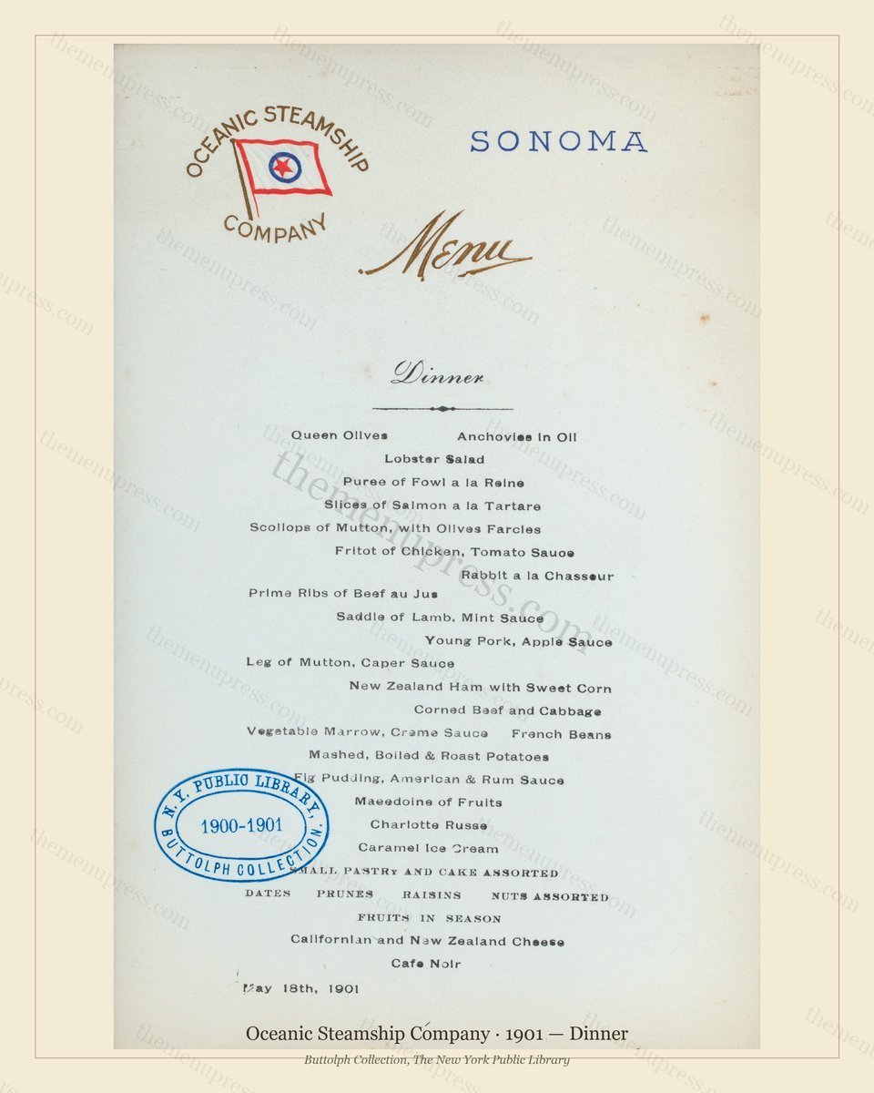 Vintage menu preview — 1901 Vintage Dinner Menu — Oceanic Steamship Company, Transatlantic Ocean Liner