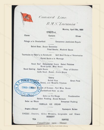 Vintage menu preview — 1900 Vintage Dinner Menu — Cunard Line, Transatlantic Ocean Liner Card (Complete