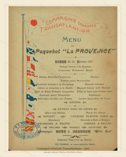 Vintage menu preview — 1907 Vintage Menu Menu — Compagnie Générale Transatlantique, Transatlantic Ocean