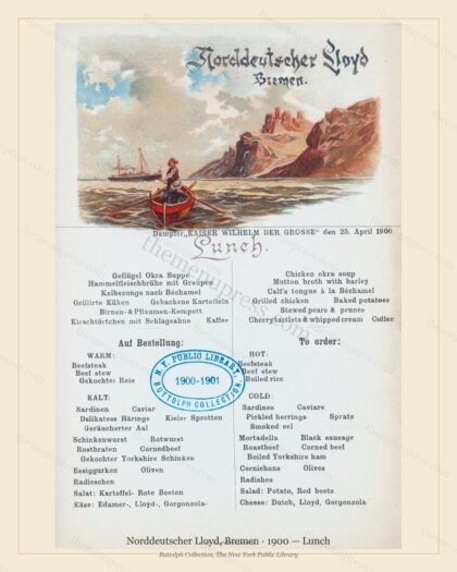 Vintage menu preview — 1900 Vintage Lunch Menu — Norddeutscher Lloyd, Bremen, Transatlantic Ocean Liner