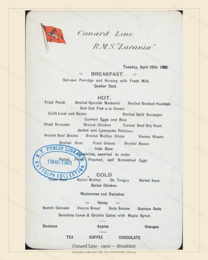 Vintage menu preview — 1900 Vintage Breakfast Menu — Cunard Line, Transatlantic Ocean Liner Card
