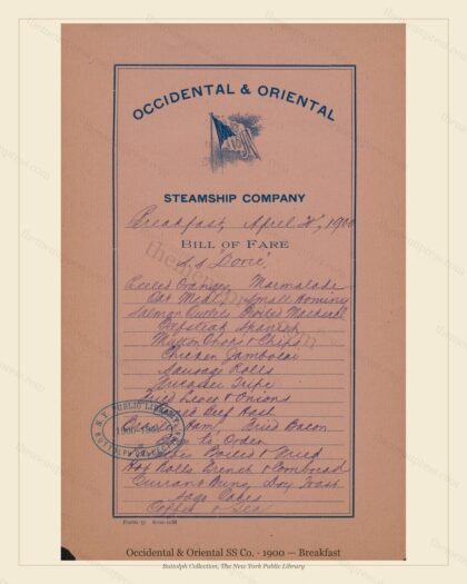 Vintage menu preview — 1900 Vintage Breakfast Menu — Occidental & Oriental SS Co., Transatlantic Oc