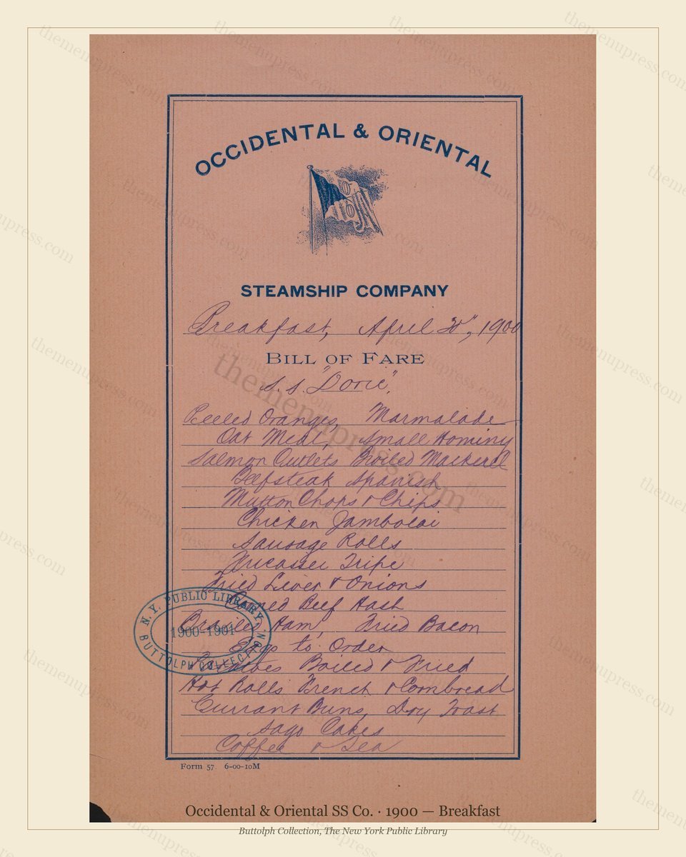 Vintage menu preview — 1900 Vintage Breakfast Menu — Occidental & Oriental SS Co., Transatlantic Oc