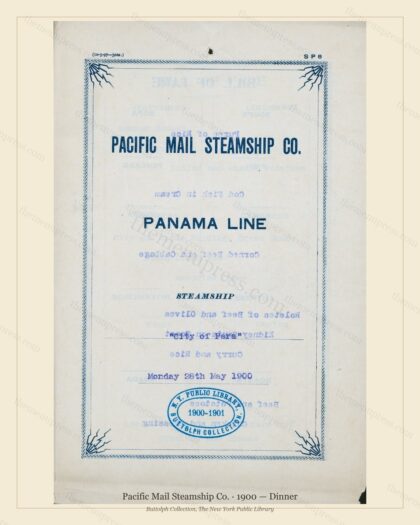 Vintage menu preview — 1900 Vintage Dinner Menu — Pacific Mail Steamship Co., Transatlantic Ocean Liner