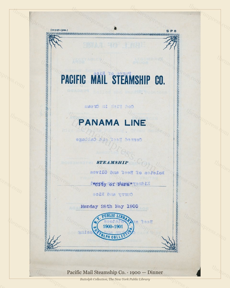 Vintage menu preview — 1900 Vintage Dinner Menu — Pacific Mail Steamship Co., Transatlantic Ocean Liner