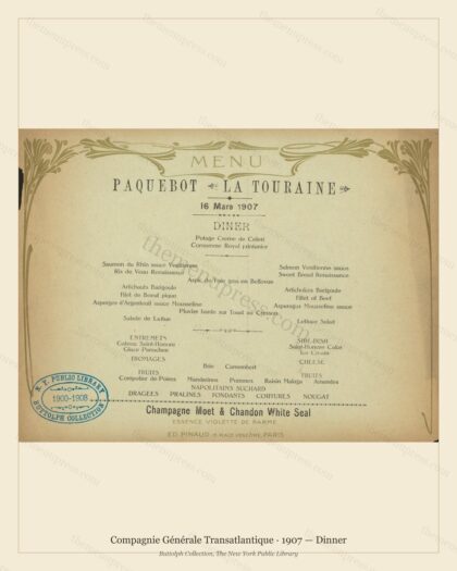 Vintage menu preview — 1907 Vintage Dinner Menu — Compagnie Générale Transatlantique, Transatlantic Oce
