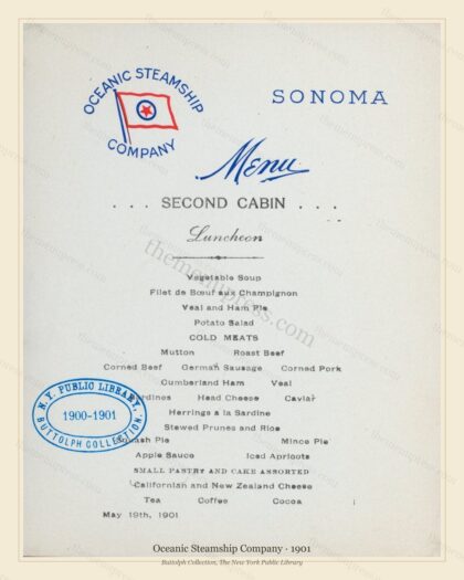 Vintage menu preview — 1901 Vintage Menu Menu — Oceanic Steamship Company, Transatlantic Ocean Liner Ca