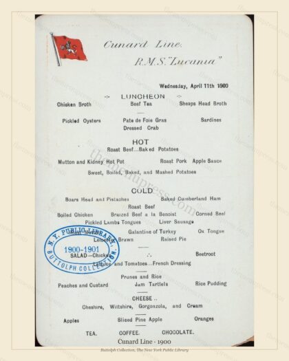 Vintage menu preview — 1900 Vintage Menu Menu — Cunard Line, Transatlantic Ocean Liner Card (Complete 2