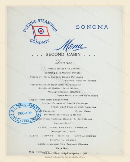 Vintage menu preview — 1901 Vintage Menu Menu — Oceanic Steamship Company, Transatlantic Ocean Liner Ca