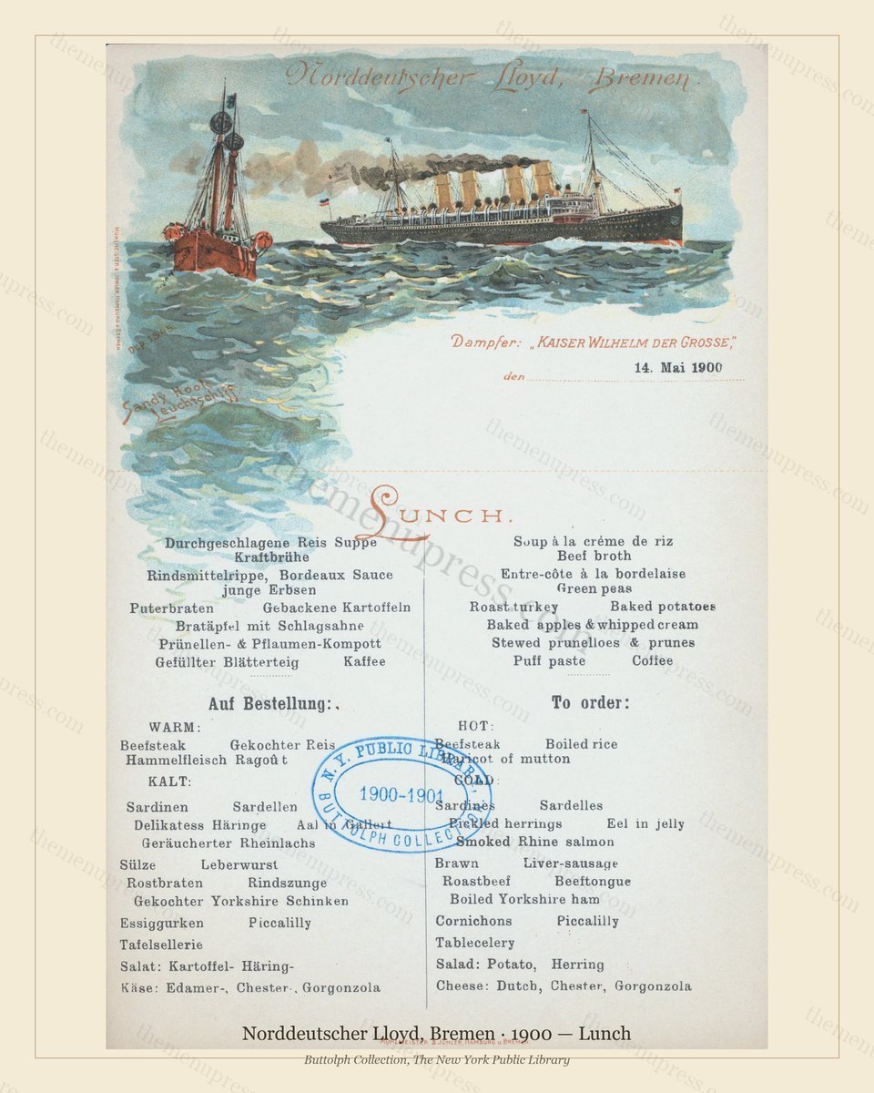 Vintage menu preview — 1900 Vintage Lunch Menu — Norddeutscher Lloyd, Bremen, Transatlantic Ocean Liner