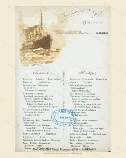 Vintage menu preview — 1900 Vintage Breakfast Menu — Norddeutscher Lloyd, Bremen, Transatlantic Ocean L