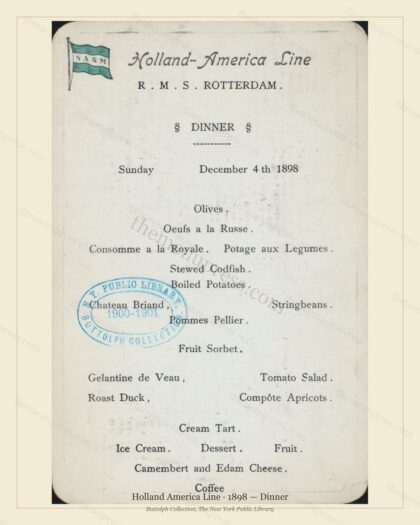 Vintage menu preview — 1898 Vintage Dinner Menu — Holland America Line, Transatlantic Ocean Liner Card