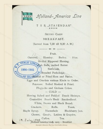 Vintage menu preview — 1905 Vintage Breakfast Menu — Holland America Line, Transatlantic Ocean Liner Ca