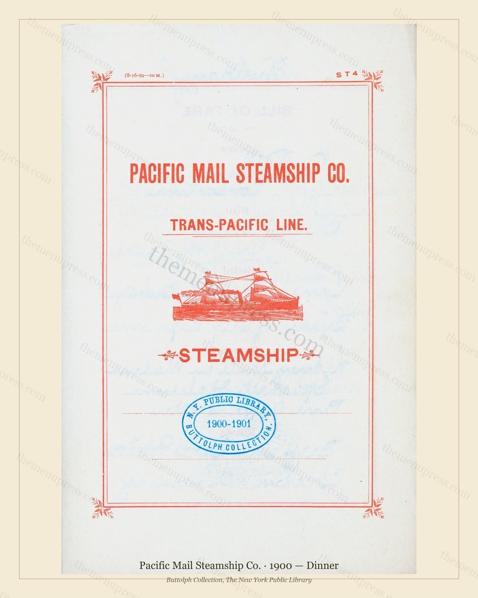 Vintage menu preview — 1900 Vintage Dinner Menu — Pacific Mail Steamship Co., Transatlantic Ocean Liner