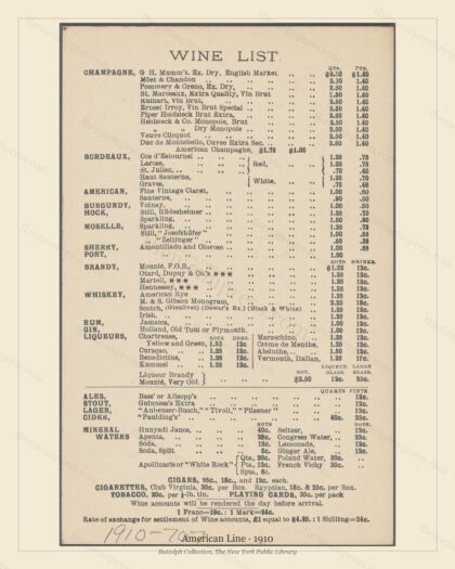 Vintage menu preview — 1910 Vintage Menu Menu — American Line, Transatlantic Ocean Liner Card