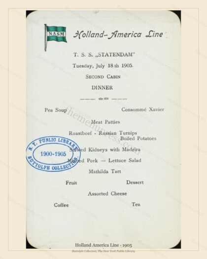 Vintage menu preview — 1905 Vintage Menu Menu — Holland America Line, Transatlantic Ocean Liner Card (C