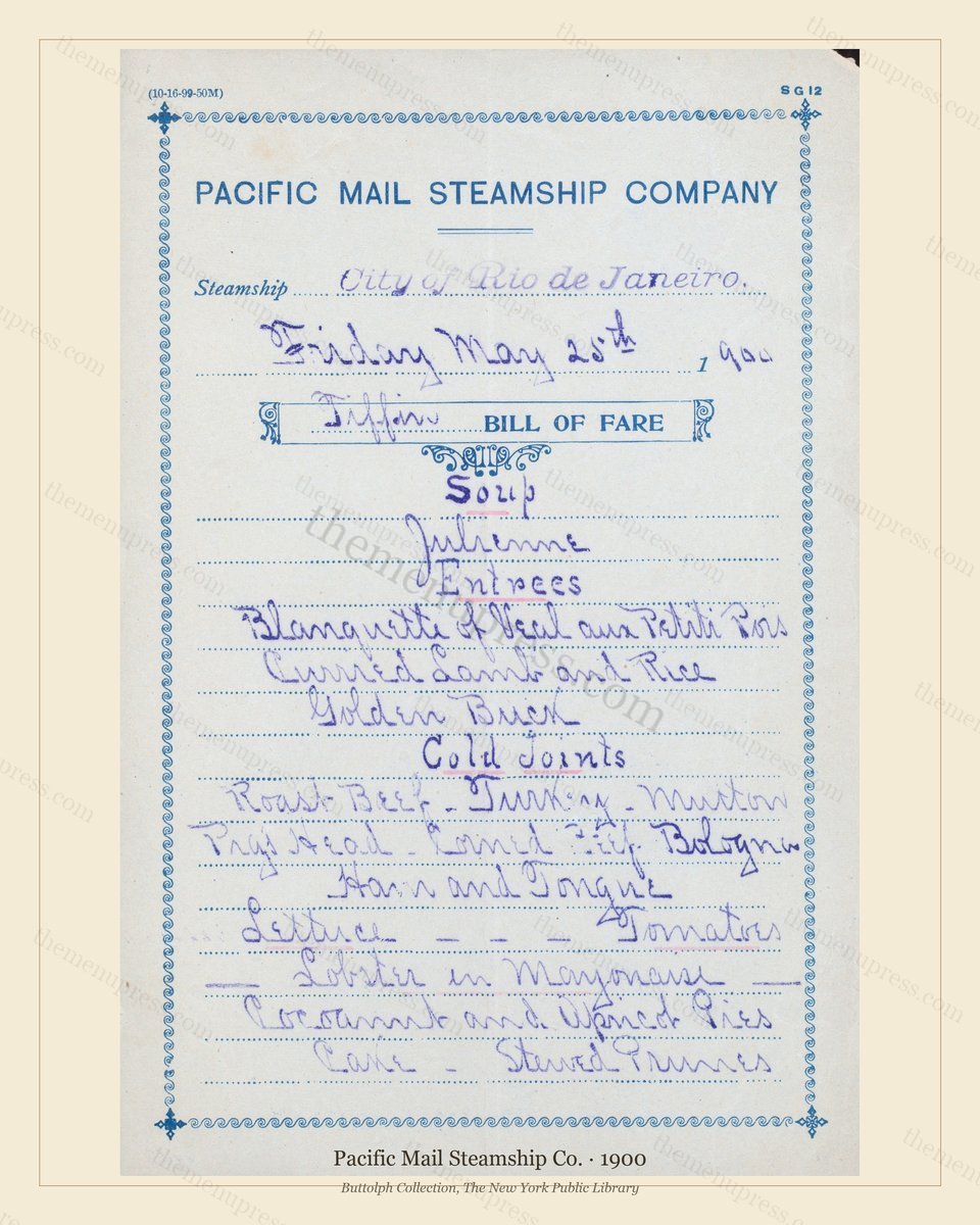 Vintage menu preview — 1900 Vintage Menu Menu — Pacific Mail Steamship Co., Transatlantic Ocean Liner C