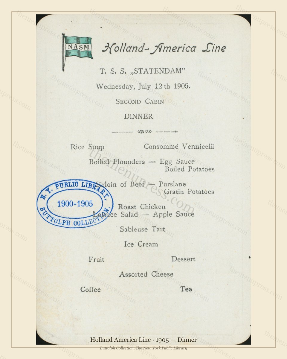 Vintage menu preview — 1905 Vintage Dinner Menu — Holland America Line, Transatlantic Ocean Liner Card