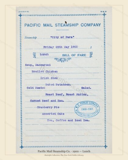 Vintage menu preview — 1900 Vintage Lunch Menu — Pacific Mail Steamship Co., Transatlantic Ocean Liner