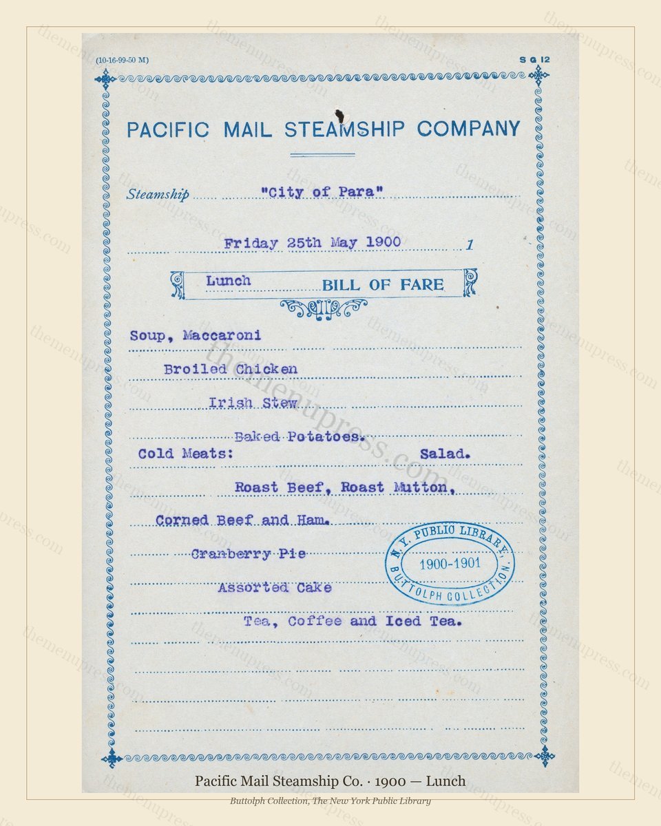 Vintage menu preview — 1900 Vintage Lunch Menu — Pacific Mail Steamship Co., Transatlantic Ocean Liner