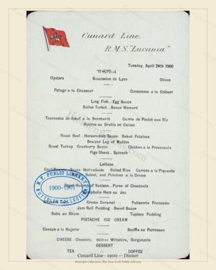 Vintage menu preview — 1900 Vintage Dinner Menu — Cunard Line, Transatlantic Ocean Liner Card (Complete