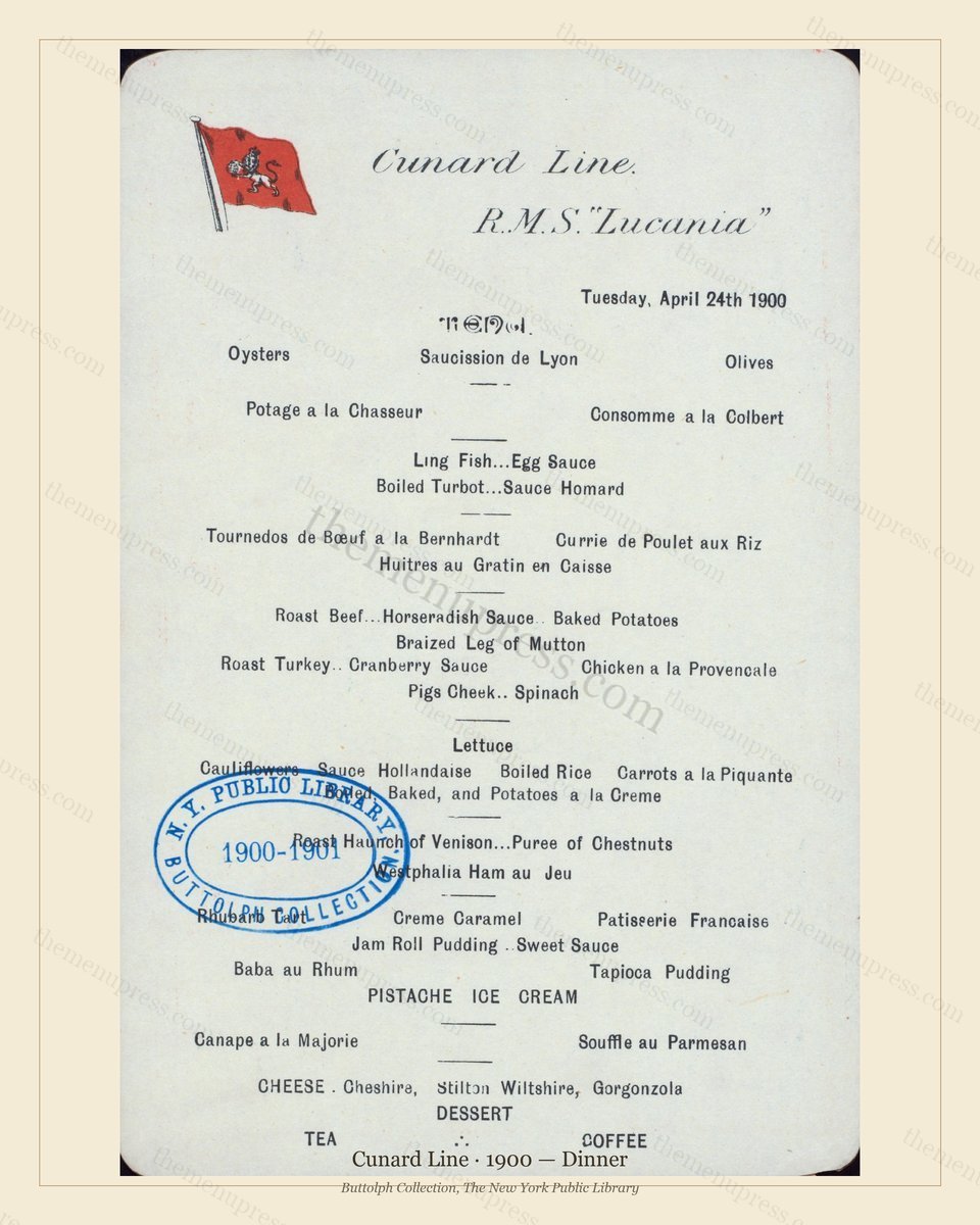 Vintage menu preview — 1900 Vintage Dinner Menu — Cunard Line, Transatlantic Ocean Liner Card (Complete