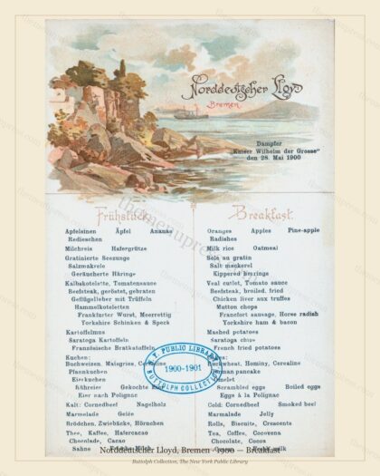 Vintage menu preview — 1900 Vintage Breakfast Menu — Norddeutscher Lloyd, Bremen, Transatlantic Ocean L