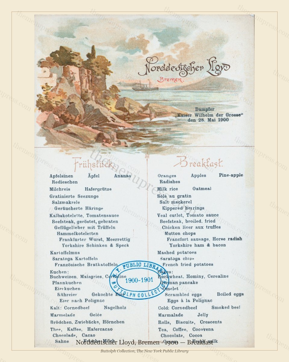 Vintage menu preview — 1900 Vintage Breakfast Menu — Norddeutscher Lloyd, Bremen, Transatlantic Ocean L