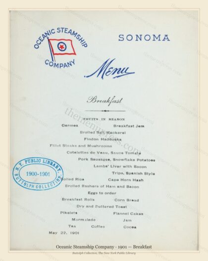 Vintage menu preview — 1901 Vintage Breakfast Menu — Oceanic Steamship Company, Transatlantic Ocean Lin