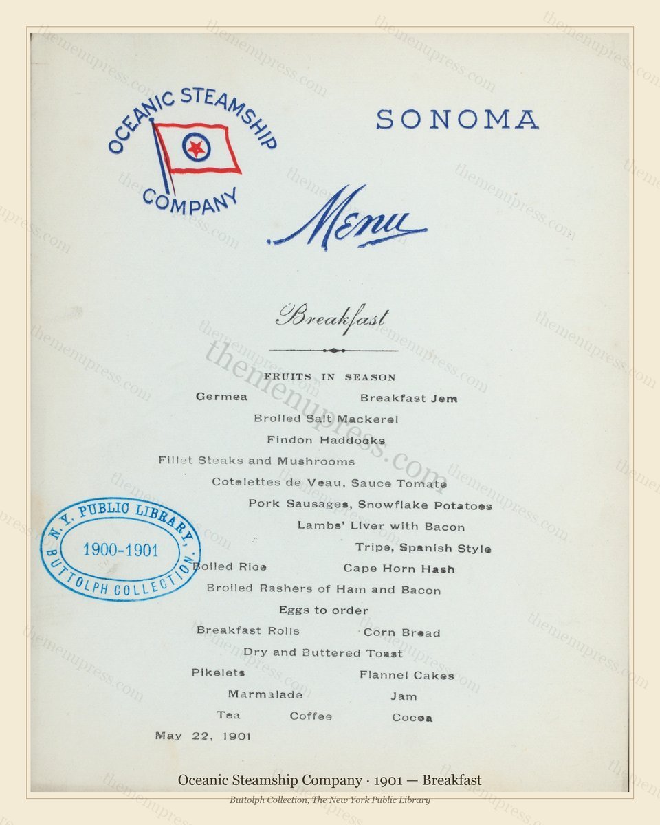 Vintage menu preview — 1901 Vintage Breakfast Menu — Oceanic Steamship Company, Transatlantic Ocean Lin
