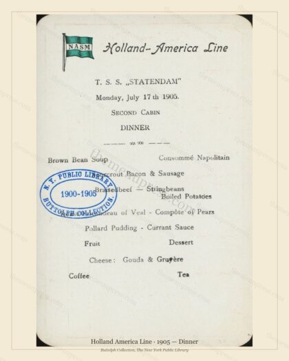 Vintage menu preview — 1905 Vintage Dinner Menu — Holland America Line, Transatlantic Ocean Liner Card