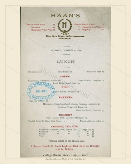 Vintage menu preview — 1899 Vintage Lunch Menu — Vintage Ocean Liner, Transatlantic Ocean Liner Card (C
