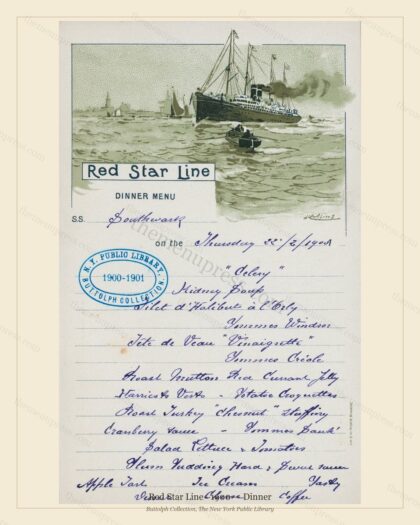 Vintage menu preview — 1900 Vintage Dinner Menu — Red Star Line, Transatlantic Ocean Liner Card (Comple