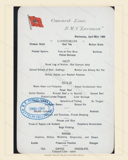 Vintage menu preview — 1900 Vintage Menu Menu — Cunard Line, Transatlantic Ocean Liner Card (Complete 2