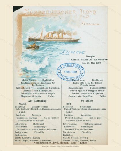 Vintage menu preview — 1900 Vintage Lunch Menu — Norddeutscher Lloyd, Bremen, Transatlantic Ocean Liner