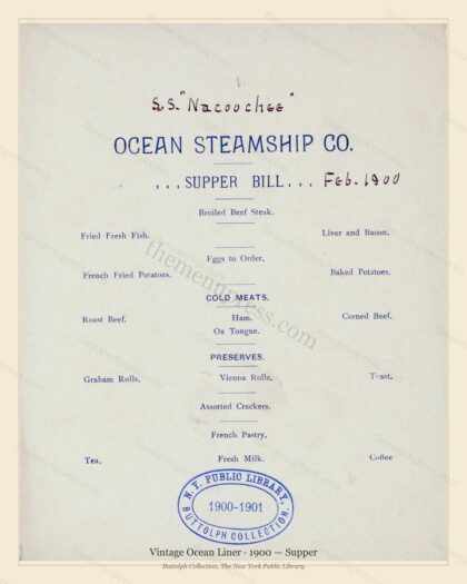 Vintage menu preview — 1900 Vintage Supper Menu — Vintage Ocean Liner, Transatlantic Ocean Liner Card (