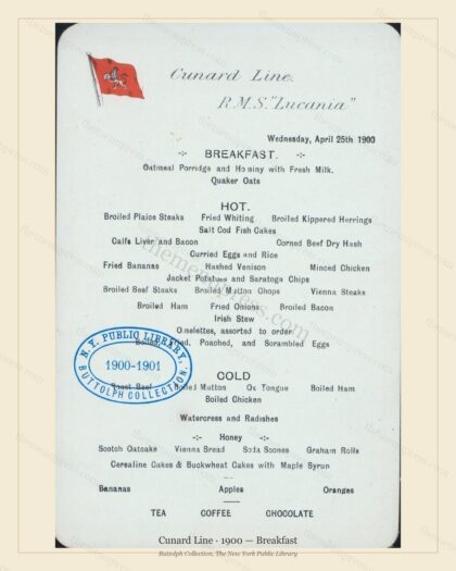 Vintage menu preview — 1900 Vintage Breakfast Menu — Cunard Line, Transatlantic Ocean Liner Card (Compl
