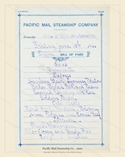 Vintage menu preview — 1900 Vintage Menu Menu — Pacific Mail Steamship Co., Transatlantic Ocean Liner C