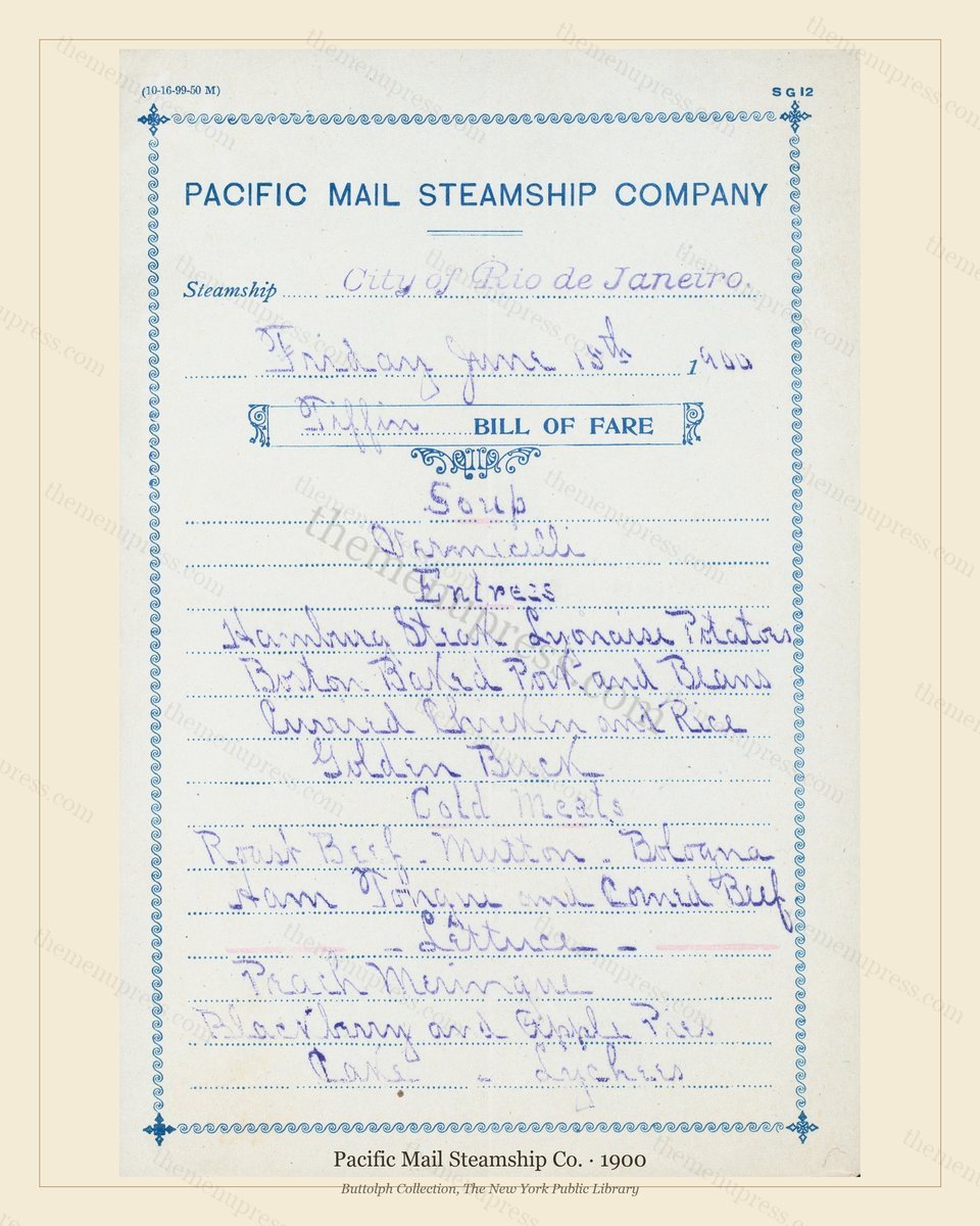 Vintage menu preview — 1900 Vintage Menu Menu — Pacific Mail Steamship Co., Transatlantic Ocean Liner C