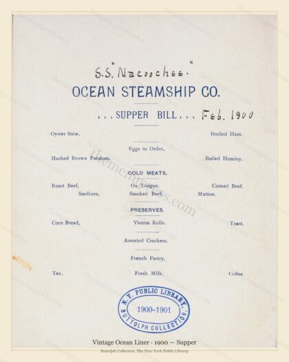 Vintage menu preview — 1900 Vintage Supper Menu — Vintage Ocean Liner, Transatlantic Ocean Liner Card (