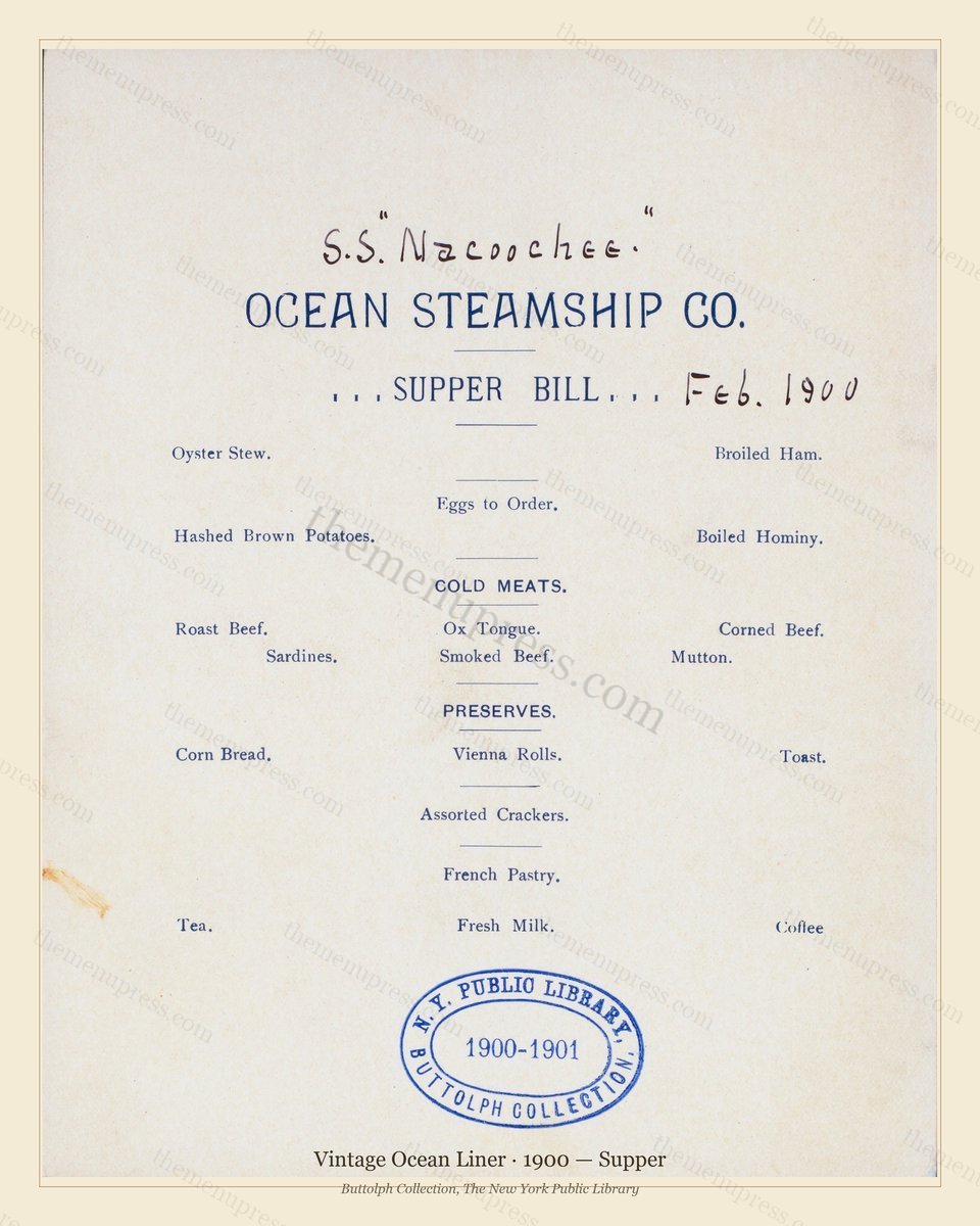 Vintage menu preview — 1900 Vintage Supper Menu — Vintage Ocean Liner, Transatlantic Ocean Liner Card (